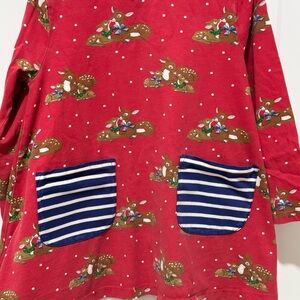 Red Deer Print Dress with Striped Pockets